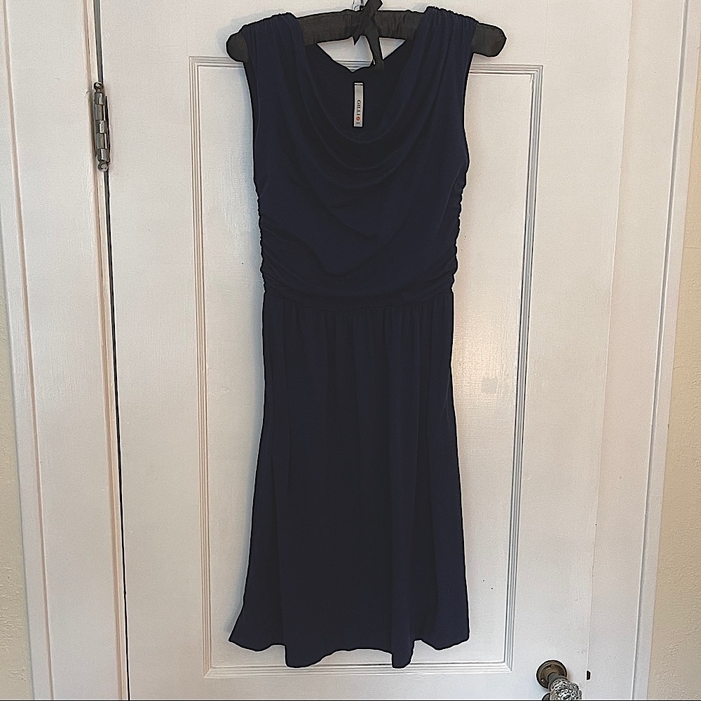 Navy blue cowl neck fit and flair dress